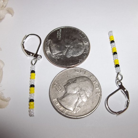 Linear Seed Bead Drop Earring Minimalist Sleek White Pearl Black Yellow Set A723 - Picture 4 of 8